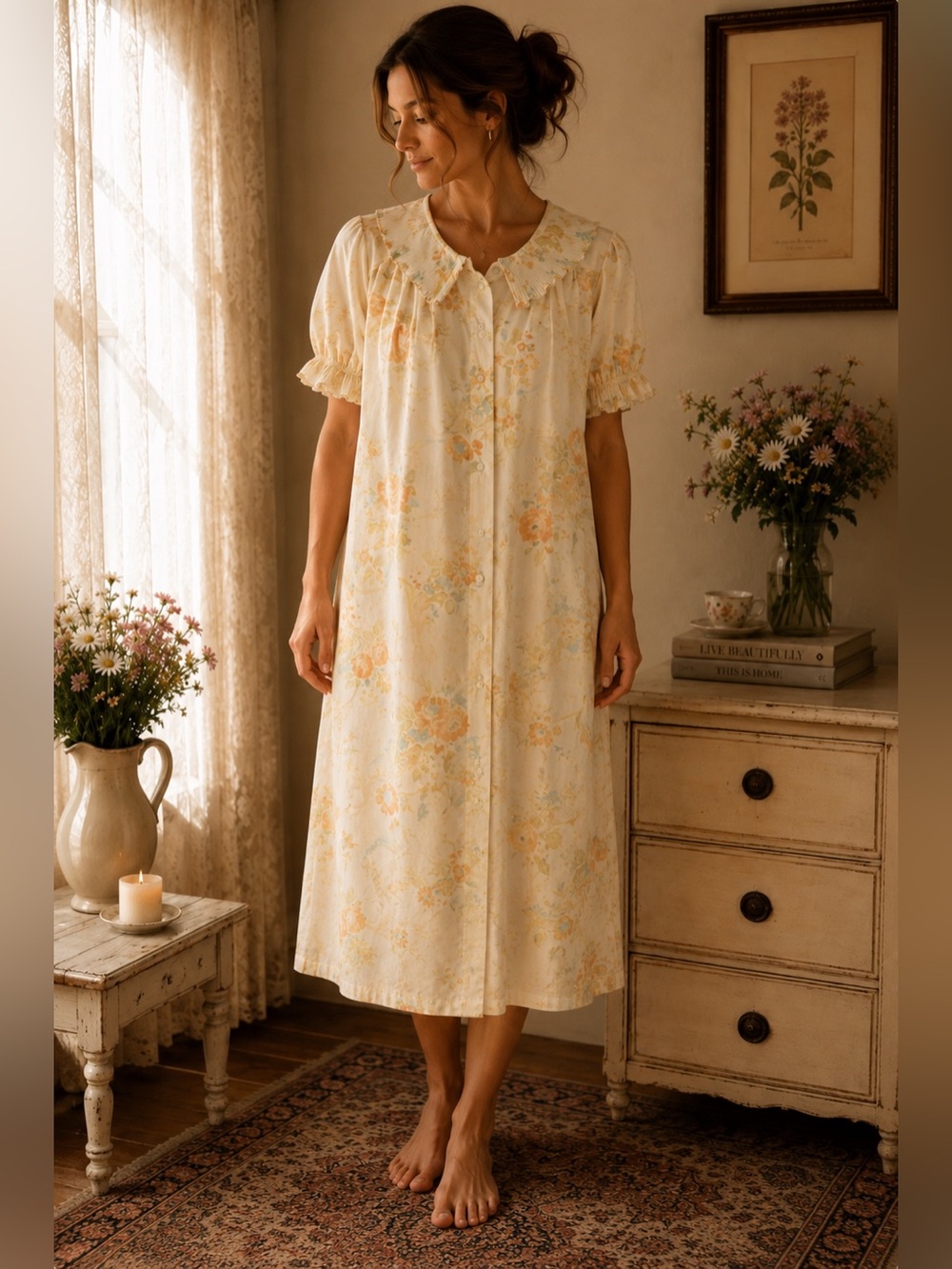Vintage Floral Snap-Front Housecoat Pastel Cottagecore Lounger Women’s Medium